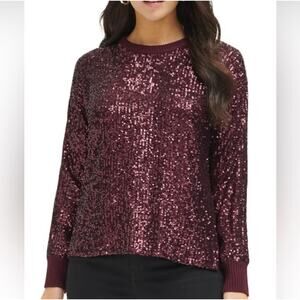 Calvin Klein Sequin Front Crew Neck Long Sleeve Sweater in Port Size Medium